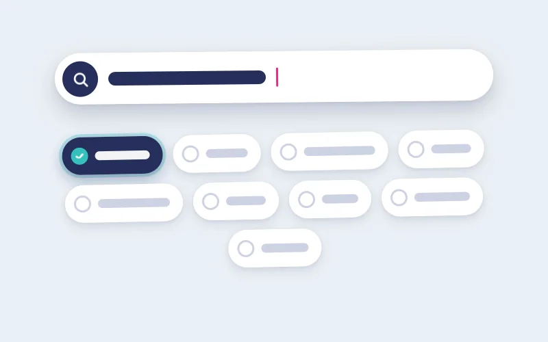 Drawing of a search field and keyword phrases, one picked