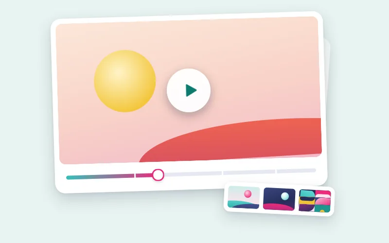 Drawing of a video player with a play button, a scrub bar and a strip of frames