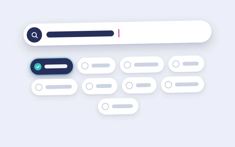 Drawing of a search field and keyword phrases, one picked