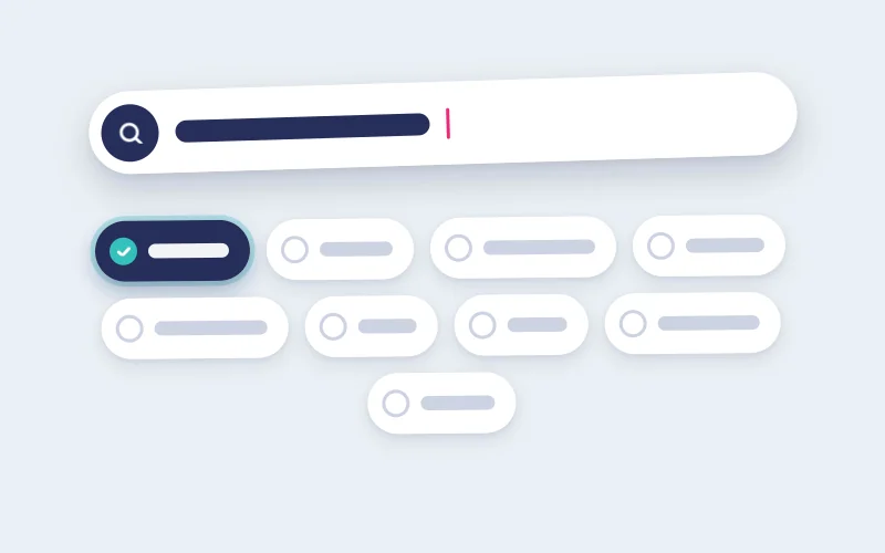Drawing of a search field and keyword phrases, one picked