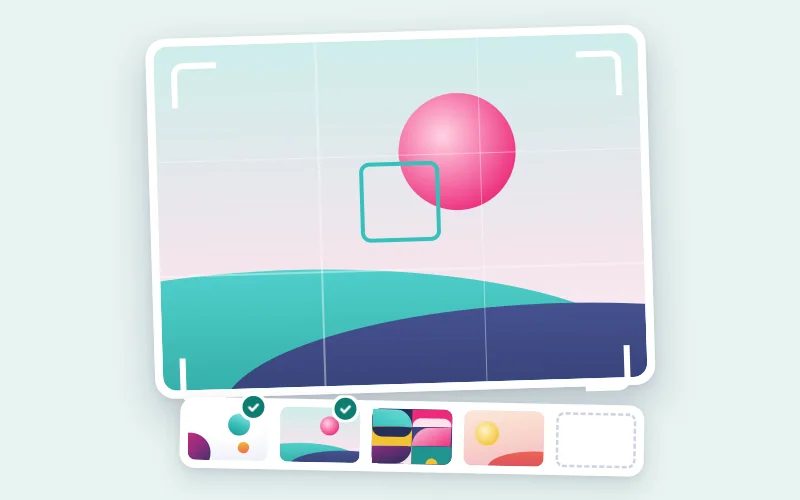 Drawing of a camera viewfinder over an image, with a strip of shots