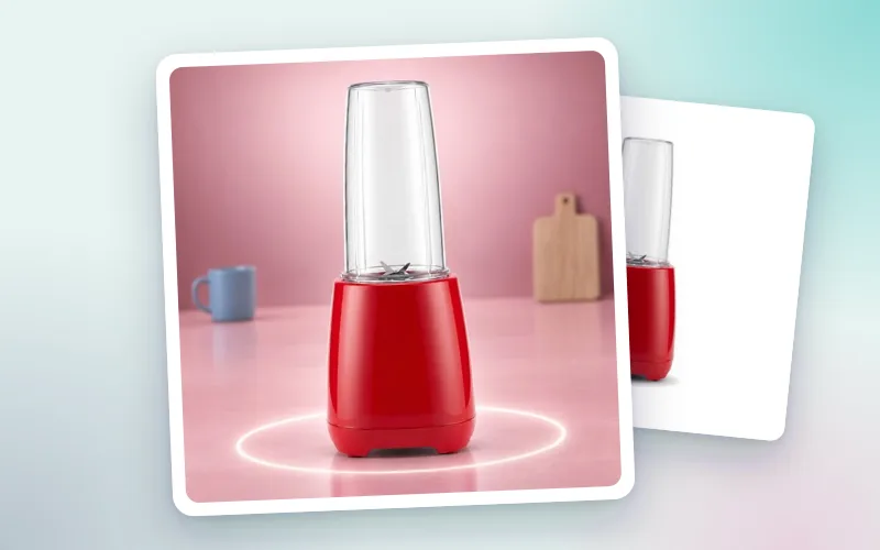 A styled scene made in Commicorn: a red personal blender on a pink studio set, a glowing ring around it on the counter