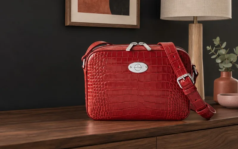 An A+ banner made in Commicorn: a red crossbody bag on a wooden sideboard in a dark room