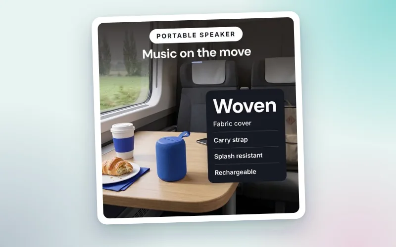 A callout image made in Commicorn: a blue fabric speaker on a train table, its features listed on a dark panel beside it