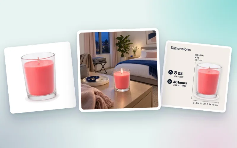 Listing images made in Commicorn for one coral candle in a glass jar: its main image on white, the candle lit in a bedroom and its dimensions image