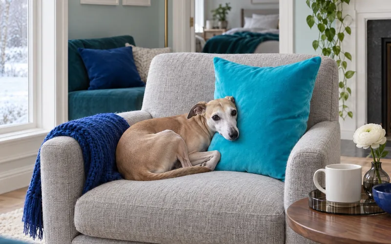 A lifestyle image made in Commicorn: a teal velvet cushion standing on a grey armchair in a winter sitting room, a whippet curled on the seat leaning against it
