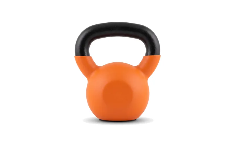 A main image made in Commicorn: an orange cast-iron kettlebell on a white background