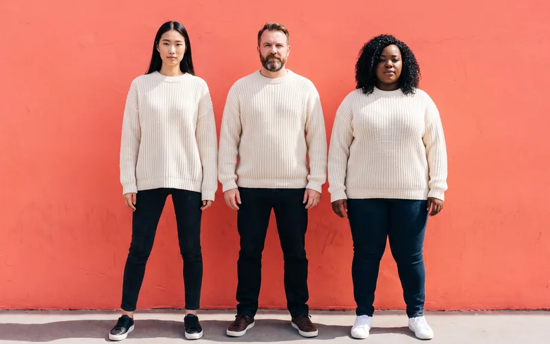 A model image by Commicorn: three AI-generated people of different ages and builds wearing the same cream knit jumper against a coral wall