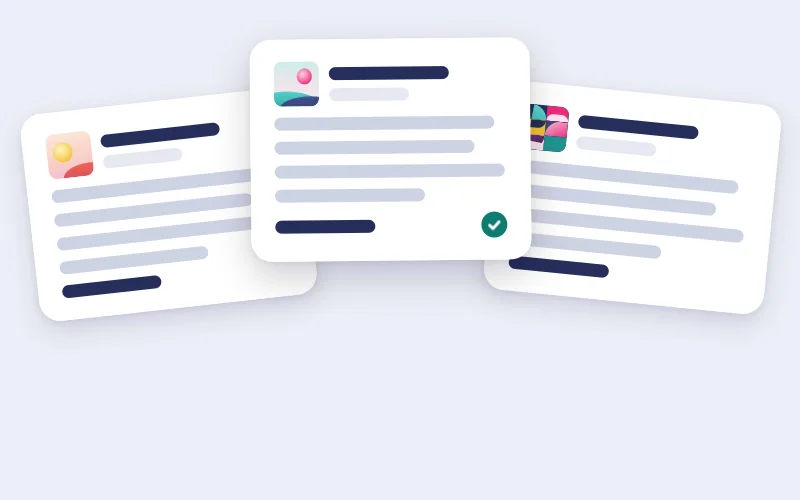 Drawing of three product descriptions, the front one ticked