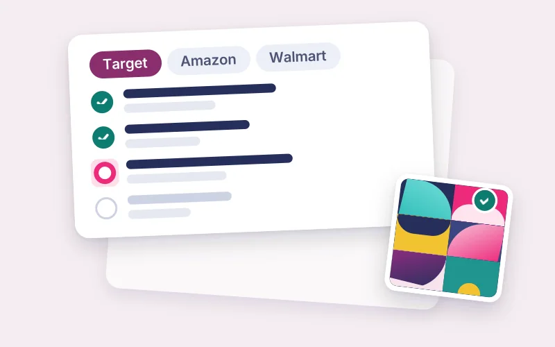 Drawing of a shop page of listings, one ticked