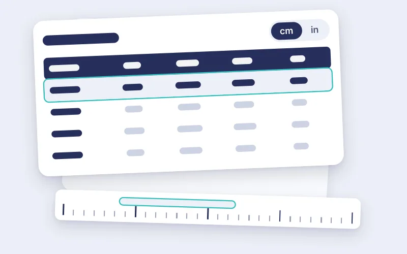 Drawing of a size chart with a cm and in switch and a measuring scale