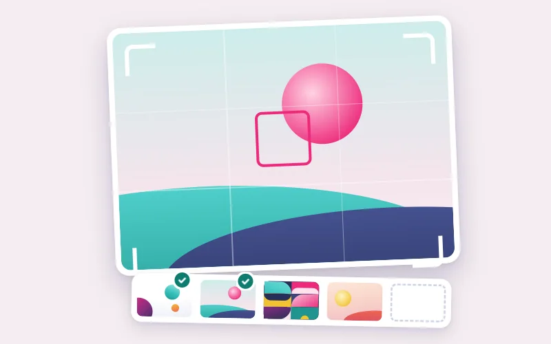 Drawing of a camera viewfinder over an image, with a strip of shots