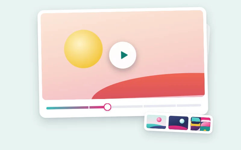 Drawing of a video player with a play button, a scrub bar and a strip of frames