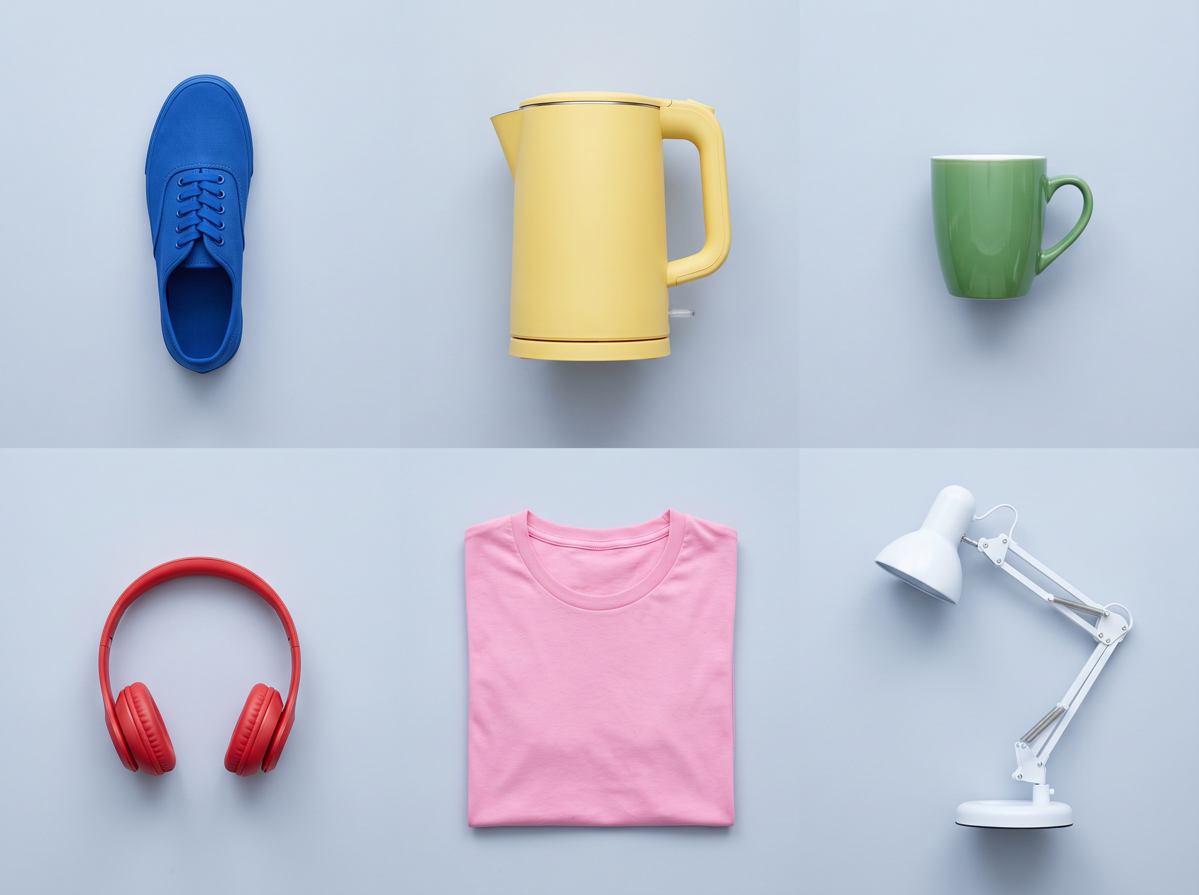 Six different products laid out in a grid, seen from above
