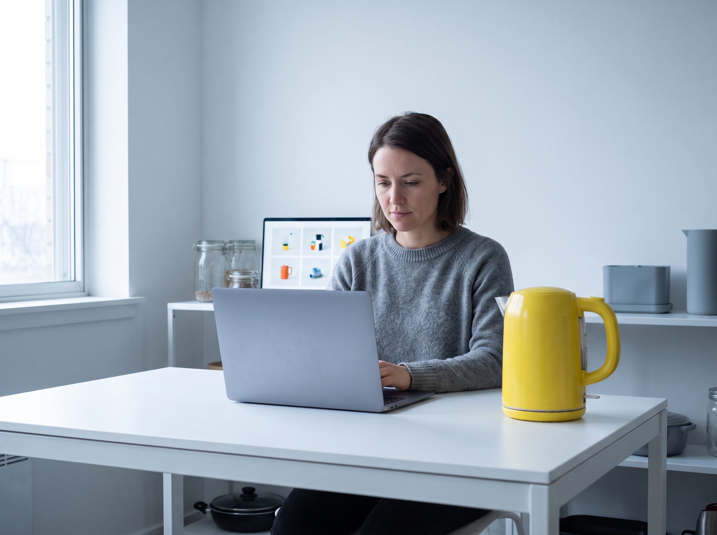 A seller at a laptop reviewing the finished listing images